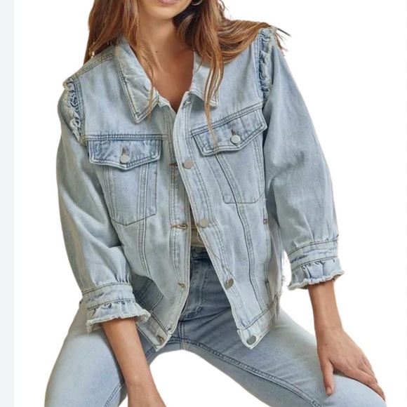 Savanna Jane Light Wash Ruffled Shoulder 3/4 Sleeve Denim Jean Jacket Large L - Picture 1 of 12